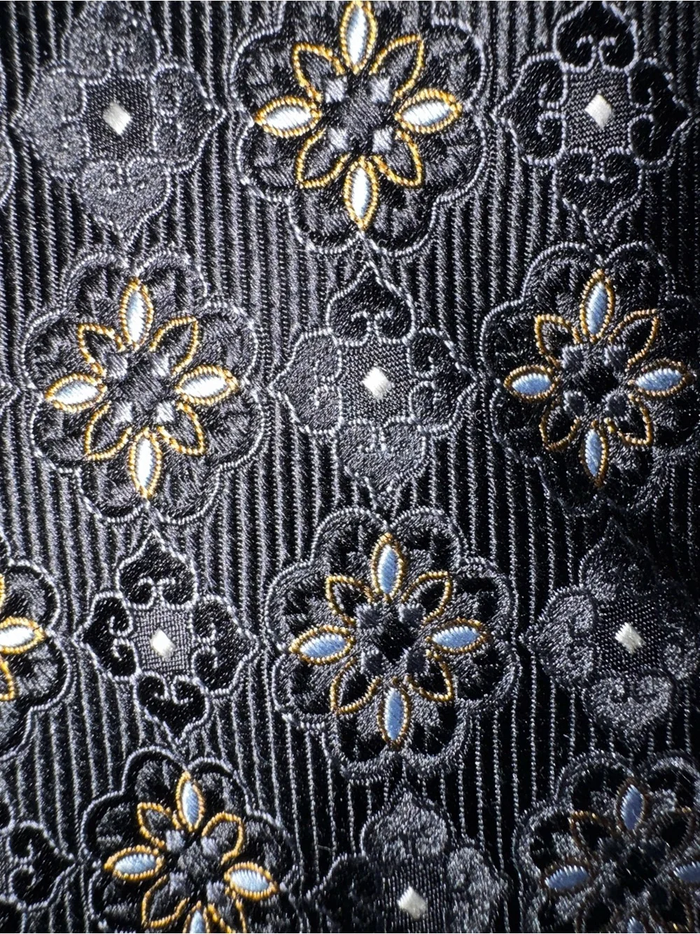 Eagle Men's Woven 100% Silk Floral Pointed Tie Black Gold Blue Logo Handmade